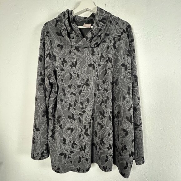 Chico's Womens Gray/Black Floral Print Cowl Neck Long Sleeve Top Size 3 Stretch - Picture 1 of 8